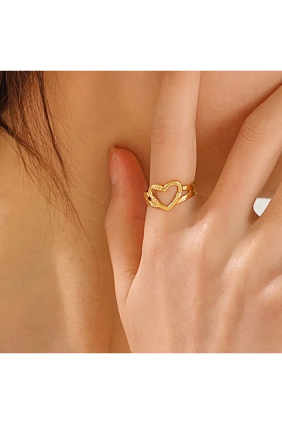 Siya Silver Kararmaz Çelik Gold Renk Ayarlanabilir İçi Boş Kalpli Kadın Yüzük