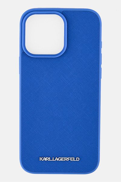 Karl Lagerfeld غلاف هاتف صلب بشعار معدني ممدود لهاتف iPhone 16 Pro Max، أزرق