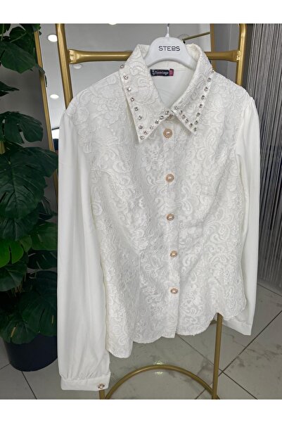 Anka Krep önü dantelli taş detaylı gömlek