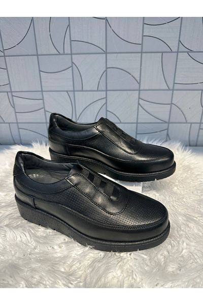 Anıl Ayakkabı Napa 094 Pantofi de zi cu zi ortopedici casual pentru femei, din piele naturală neagră, cu toc pană, detaliu din cauciuc