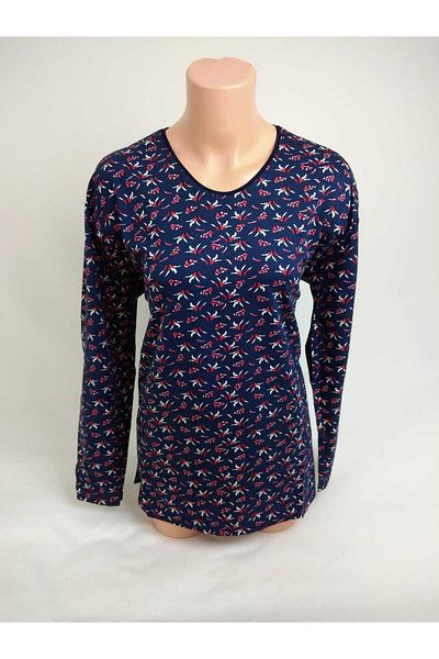 YAŞAR TRİKO Tricou pentru femei, albastru bleumarin, fucsia, cu decolteu în U, cu mânecă lungă, cu model, cu fantă, țesută din viscoză, din bumbac pieptănat