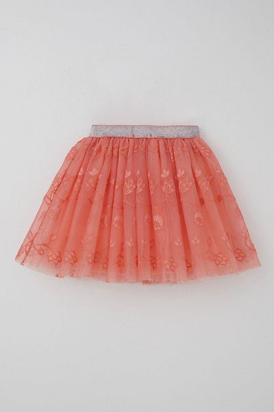 Breeze Girl's Tutu Skirt with Flower Embroidery, Elastic Waist, Glitter, Age 5-10, Salmon