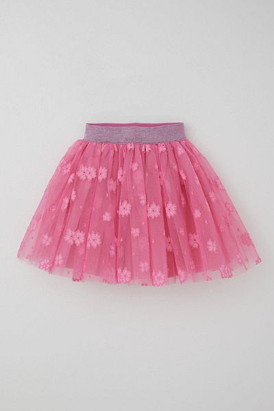 Breeze Girl's Tutu Skirt with Flower Embroidery, Elastic Waist, Glitter, Age 5-10, Pink