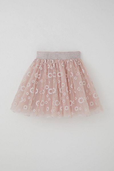 Breeze Girl's Tutu Skirt with Flower Embroidery, Elastic Waist, Glitter, Age 5-10, Powder