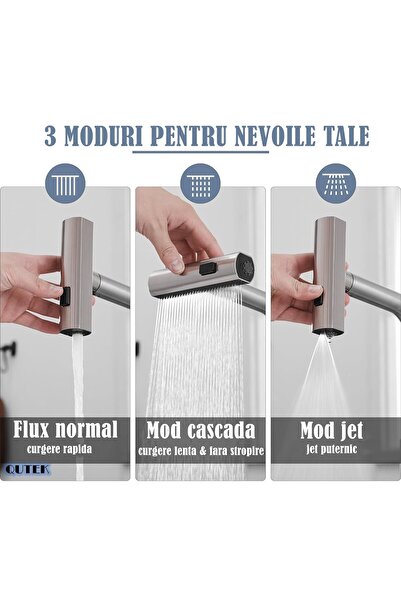 QuTek Baterie chiuveta bucatarie profesionala QuTek, din Inox, 3 functii mod curgere, dus extensibil