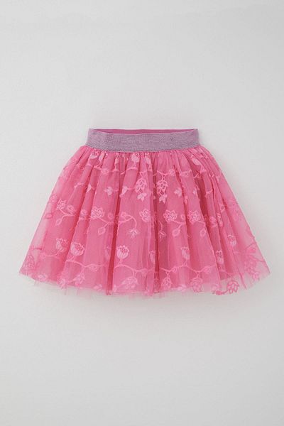 Breeze Girl's Tutu Skirt with Flower Embroidery, Elastic Waist, Glitter, Age 5-10, Pink
