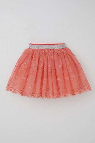 Breeze Girl's Tutu Skirt with Flower Embroidery, Elastic Waist, Glitter, Age 5-10, Salmon