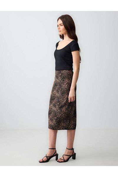 Jimmy Key Slim Fit High Waist Leopard Print Knitted Midi Skirt