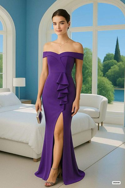 Modafeminen Off Shoulder Flywheel Detailed Slit Evening Dress Purple 582686