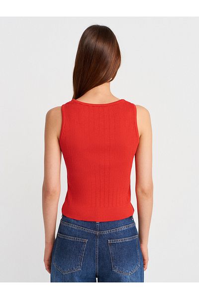 Dilvin 10759 Ribbed Openwork Knitwear Blouse-Red