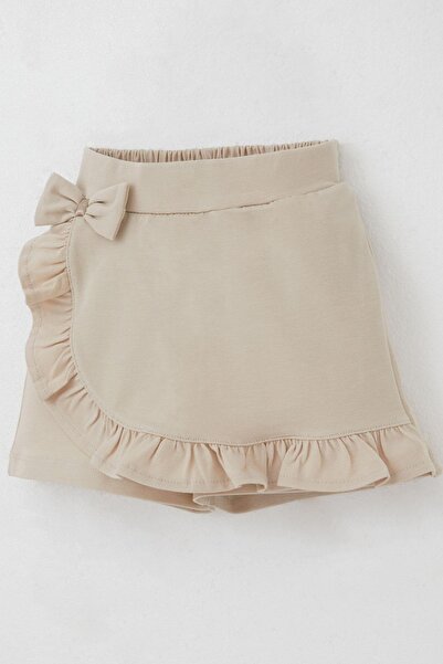 Breeze Kız Çocuk Şort Etek Fiyonk Aksesuarlı Fırfırlı 3-8 Yaş, Bej