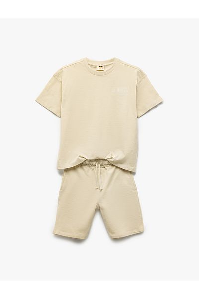 Koton Cotton Crew Neck Short Sleeve Embroidered Top with Lace-Up Waist Shorts Set of Two