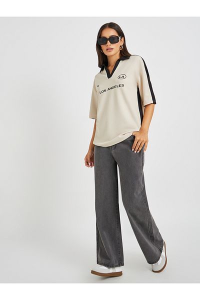 Styli Slogan Print Short Sleeve Collared Oversized T-Shirt