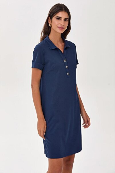 İKİLER Polo Yaka Önü Düğmeli Kısa Kol Elbise 025-2513