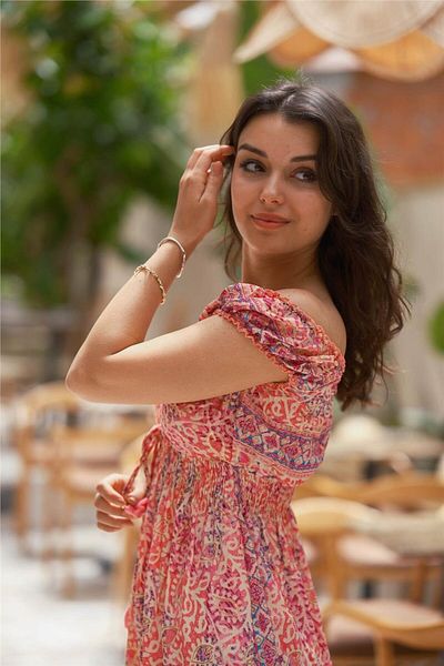 Miss Boheme Pink Color Madonna Collar Short Silk Dress