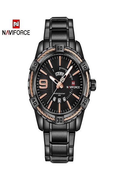 Naviforce men’s dress wrist watch in black stainless steel & rose gold/black analog dial with water resistanc