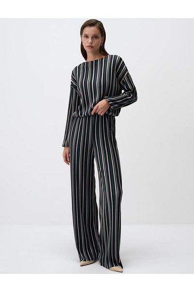 Jimmy Key High Waist Relaxed Fit Line Patterned Knitted Pants