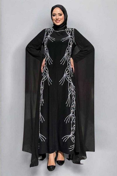 Bym Fashion Evening Dress with Cape Sleeves and Stone Detail 3958 Black