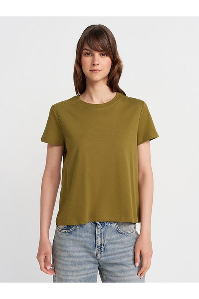 Dilvin 31757 Crew Neck Stitching Detailed T-Shirt-Oil Green