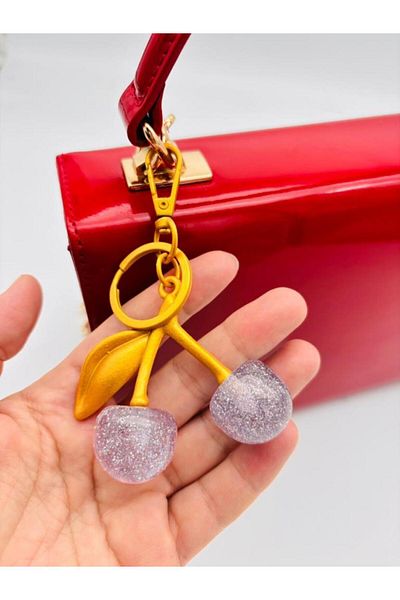 angel çanta aksesuar Angel Bag Accessory Gray Glitter Cherry Keychain, Bag Ornament Antique-Gold Metal