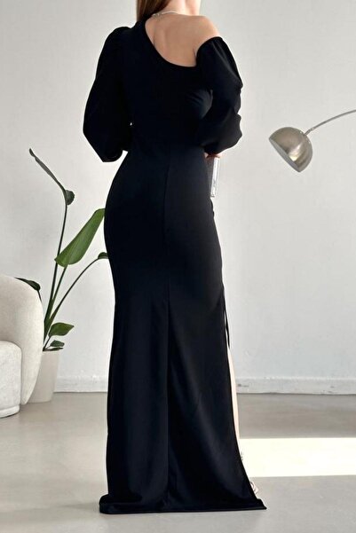 Modafeminen Tek Omuz Açık Detay Ithal Krep Kumaş Maxi Boy Uzun Kol Elbise Siyah 582307