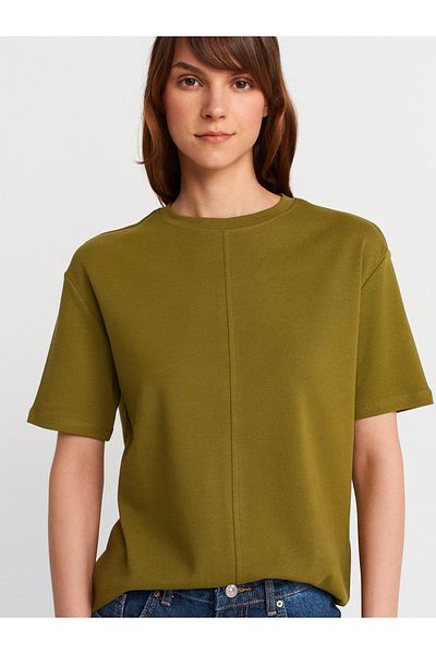 Dilvin 31218 Stitch Detailed T-Shirt-K.Yağ Yeşl
