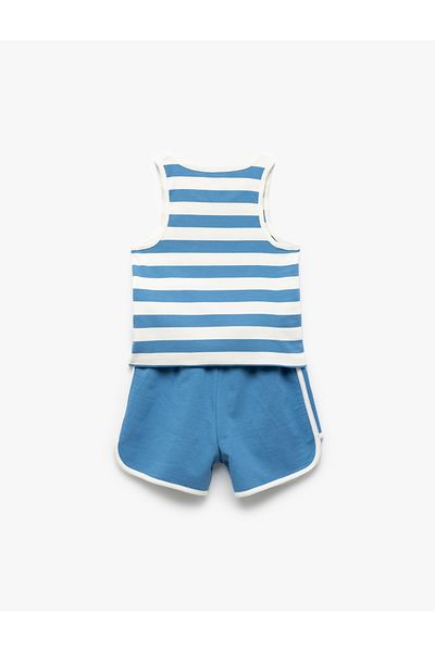 Koton Cotton Striped Crew Neck Print Detail Sleeveless Tank Shorts Set