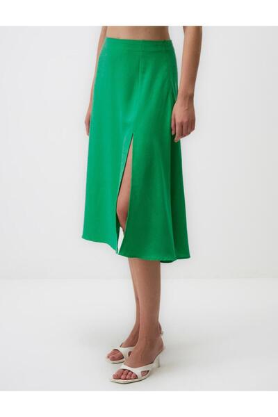 Jimmy Key High Waist Linen Midi Skirt with Slit Detail