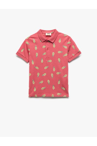 Koton Cotton Pineapple Pattern Polo Neck Short Sleeve T-Shirt