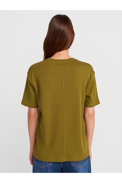 Dilvin 31218 Stitch Detailed T-Shirt-K.Yağ Yeşl