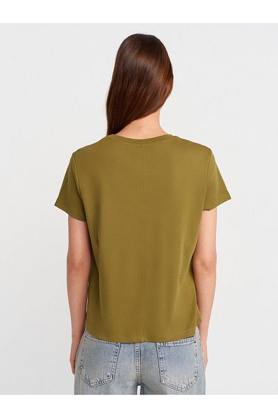 Dilvin 31757 Crew Neck Stitching Detailed T-Shirt-Oil Green