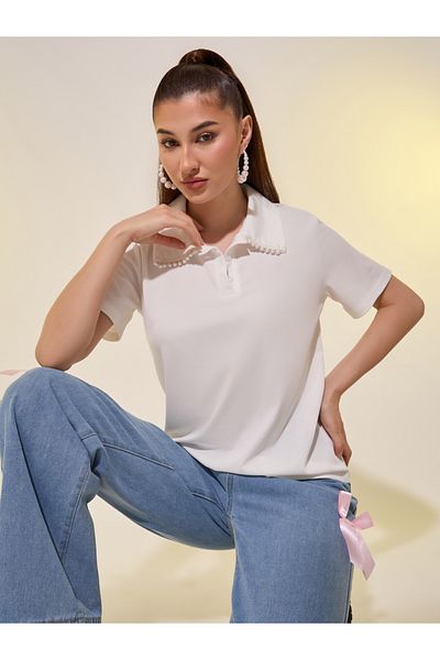 Styli Pearls Embellishment Detail Polo T-Shirt