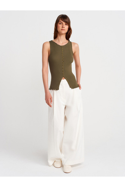 Dilvin 60972 Ribbed Buttoned Thin Knitwear Vest-Khaki