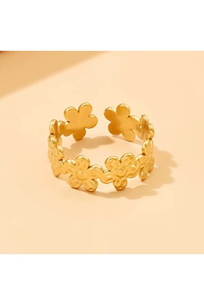 Siya Silver Kararmaz Çelik Sıralı Papatya Model Gold Renk Ayarlanabilir Kadın Yüzük