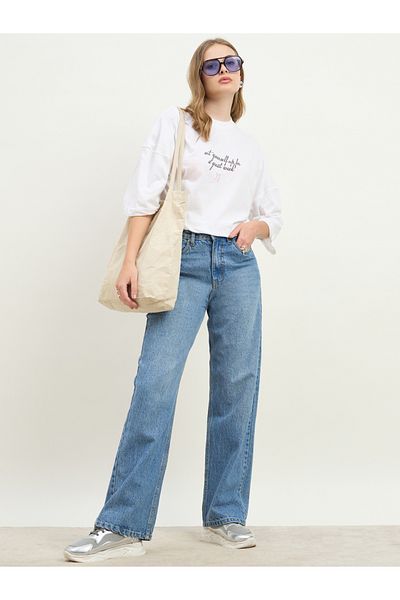 Styli Women White Slogan Print Exaggerated Shoulder Oversized T-Shirt