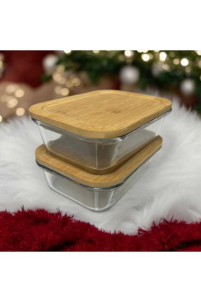 Noah Exclusive Glass Storage Container - Leak Proof Bamboo Lid - Heat Resistant - Set of 2 - (650 Cc + 1000 Cc)