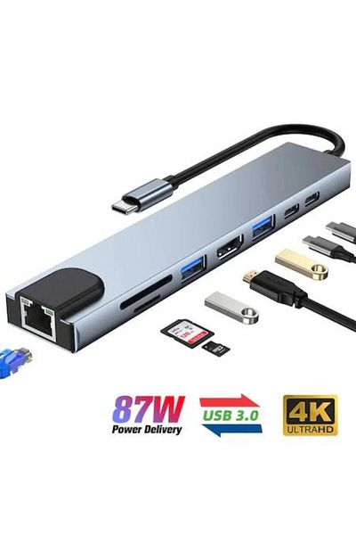 ROHS Hub Adapter Multiport 8 in 1 USB-C 3.1 ROHS® to HDMI 4K / LAN RJ45 Ethernet / Type C Port / USB 3.0