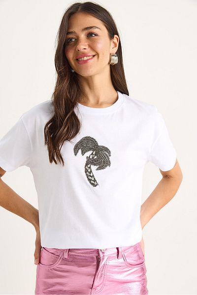 Bianco Lucci Women's 100% Cotton Crew Neck Palm Stone Accessory Comfortable Fit T-Shirt 60602067