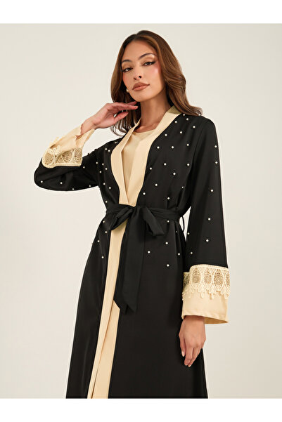 Keenly By Styli Faux Pearl Embellished Lace Cuff Detail Kimono