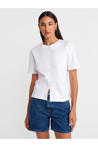 Dilvin 31874 Slit Detailed T-Shirt-White