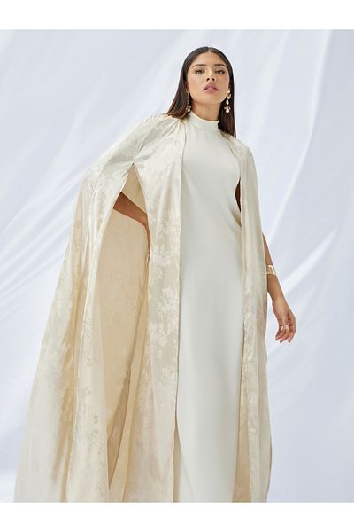 Styli Stand Collar Satin Inner Dress with Jacquard Cape Abaya Set