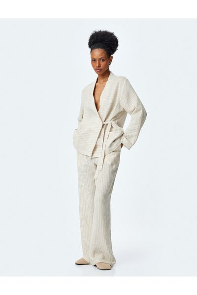 Koton Long sleeve tie detail pocketed striped envelop kimono.