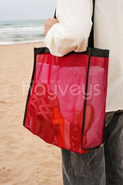 Hayveys Red Large Size Mesh Beach Bag Shopping Bag