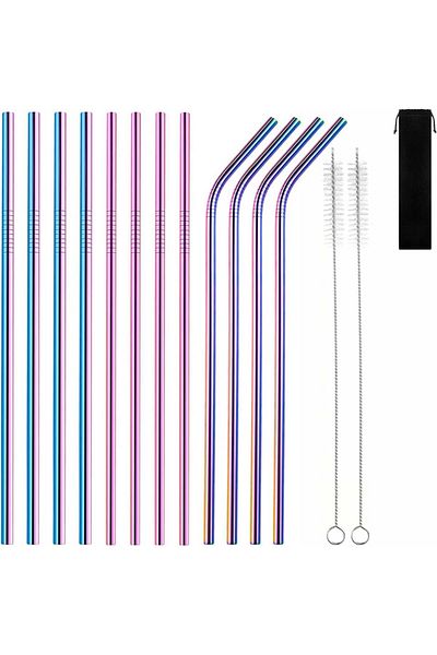 PenuSpt Set of 12 reusable straws and 2 cleaning brushes PenuSpt, stainless steel, multicolor, 22 cm