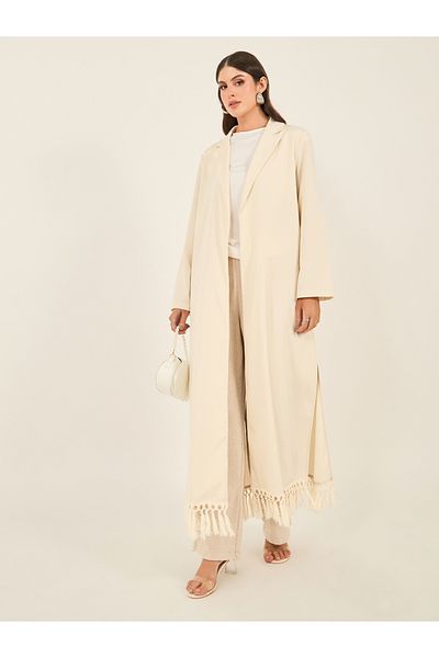Styli Regular Fit Collared Kimono with Fringe Trim