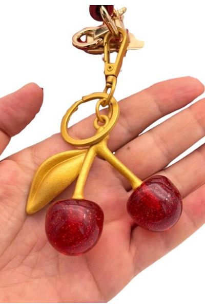 angel çanta aksesuar Angel Bag Accessory Red Glitter Cherry Keychain, Bag Ornament Antique - Gold Metal
