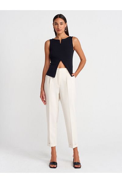 Dilvin 72124 Curved Leg High Waist Trousers-White