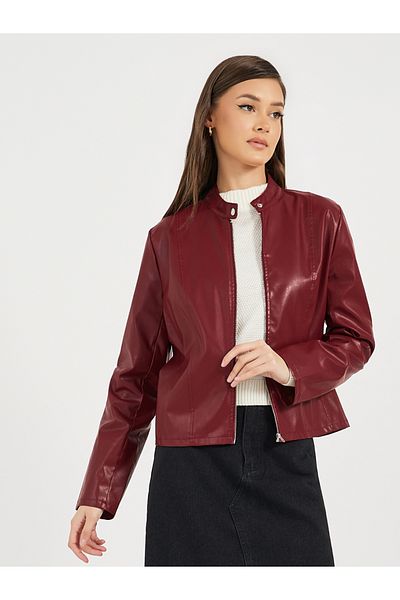 Styli Regular Fit Short Length Leather Look Biker Jacket