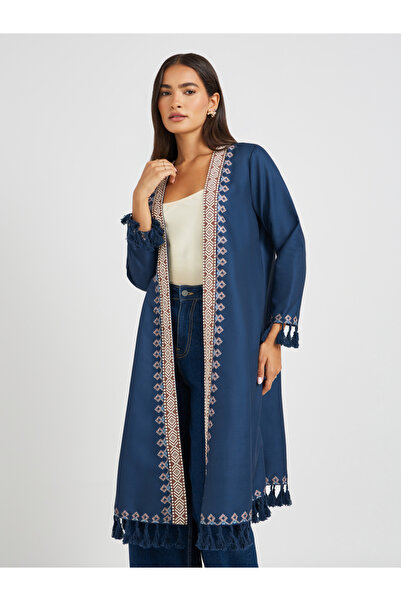 Styli Embroidered Midi Length Kimono with Tassel Trim
