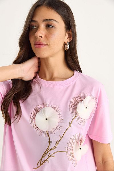 Bianco Lucci Women's Crew Neck Short Sleeve T-Shirt with Embroidered Embossing Accessories 60602024